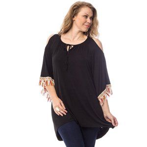 Araza Women Top Knit Tunic Scoop Neck Black Fringed Pullover Plus Size 2X